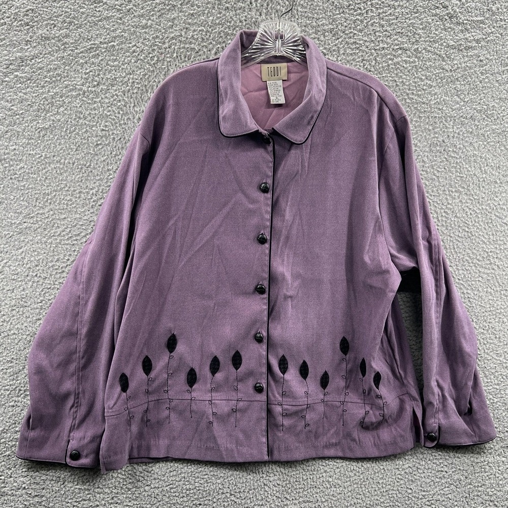 Womens Embroidered Jacket XL Purple Button Front Artsy Casual Statement Layering